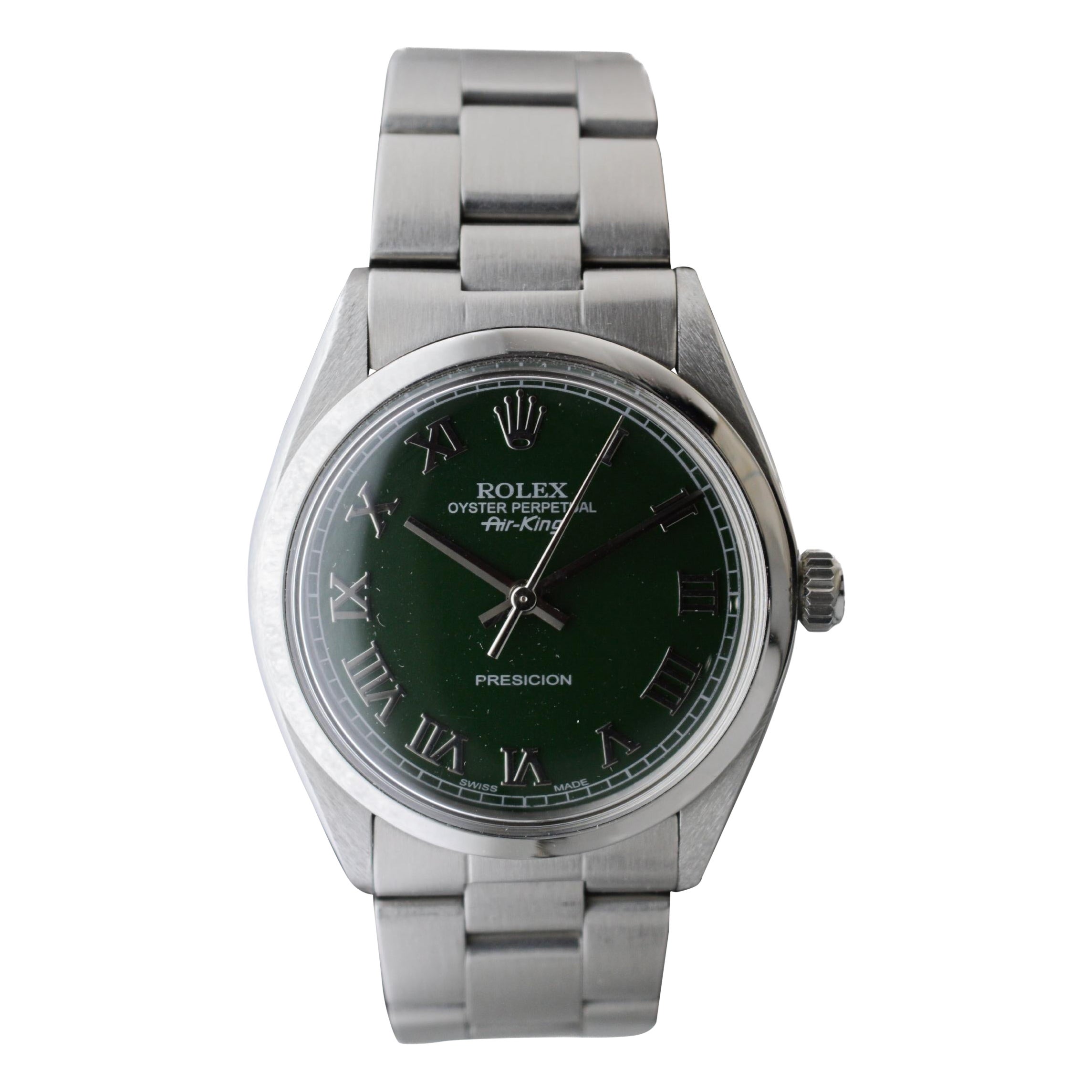 Rolex Steel Air King With Custom Dark Green Dial and Solid Link Bracelet 1970's For Sale
