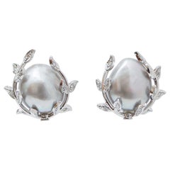 Graue Perlen, Diamanten, Retrò-Ohrringe aus Platin.