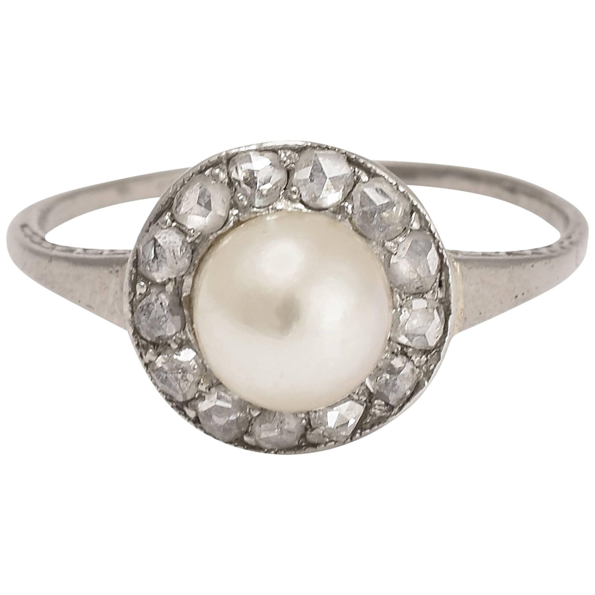 Art Deco Pearl Diamond Platinum Cluster Ring