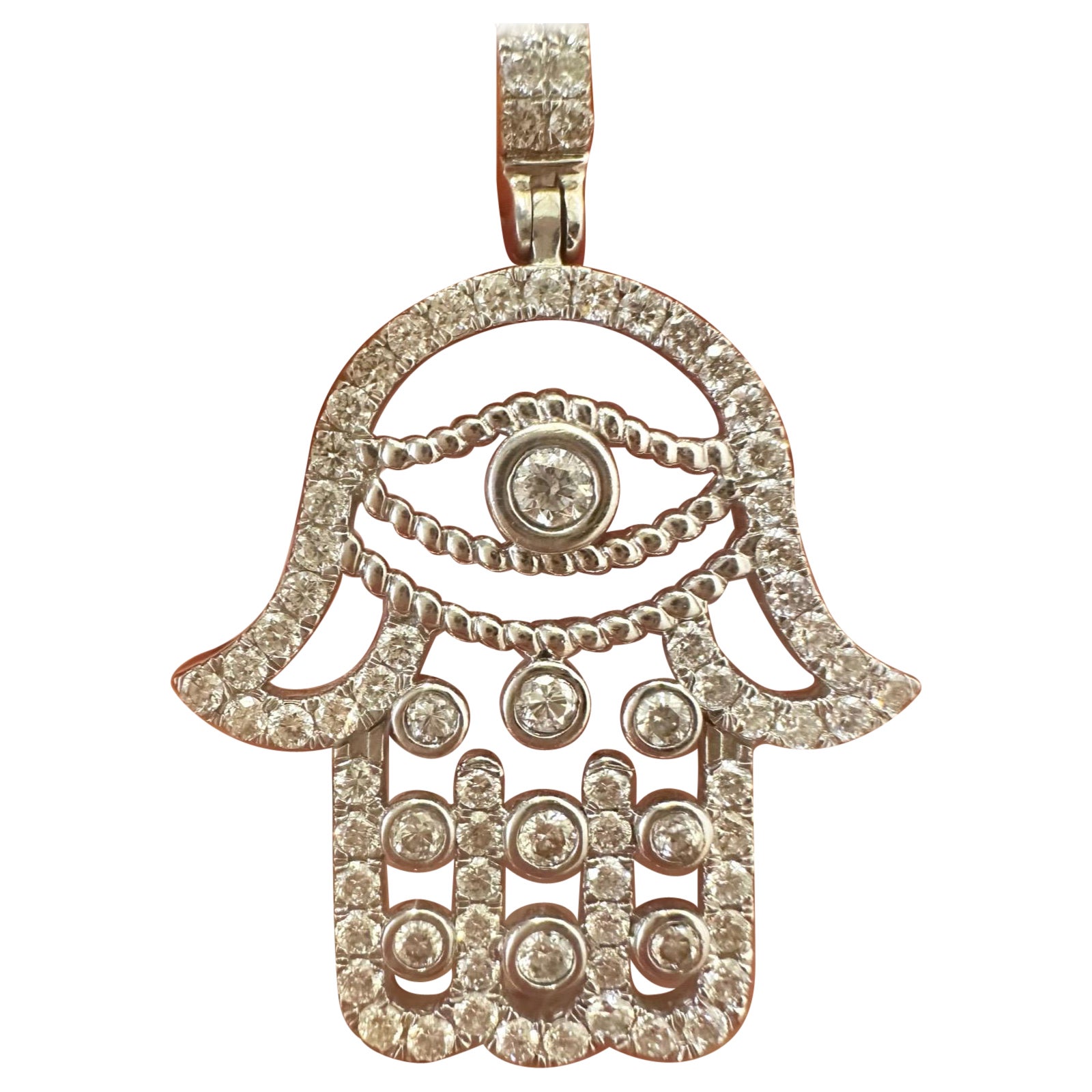Diamond Hamsa Evil Eye Pendant Necklace 18K White Gold
