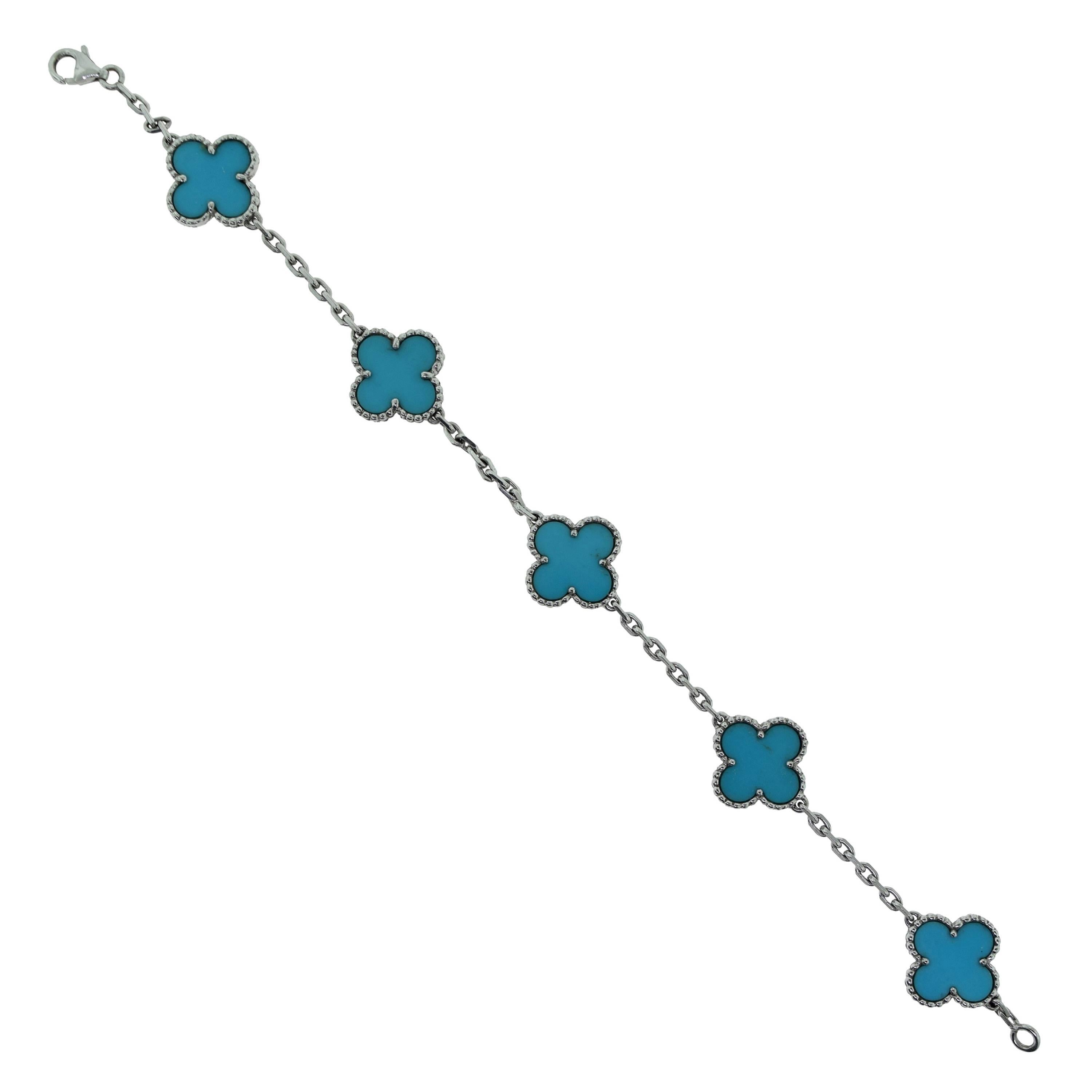 Van Cleef & Arpels Turquoise White Gold Vintage Alhambra 5 Motif Bracelet For Sale
