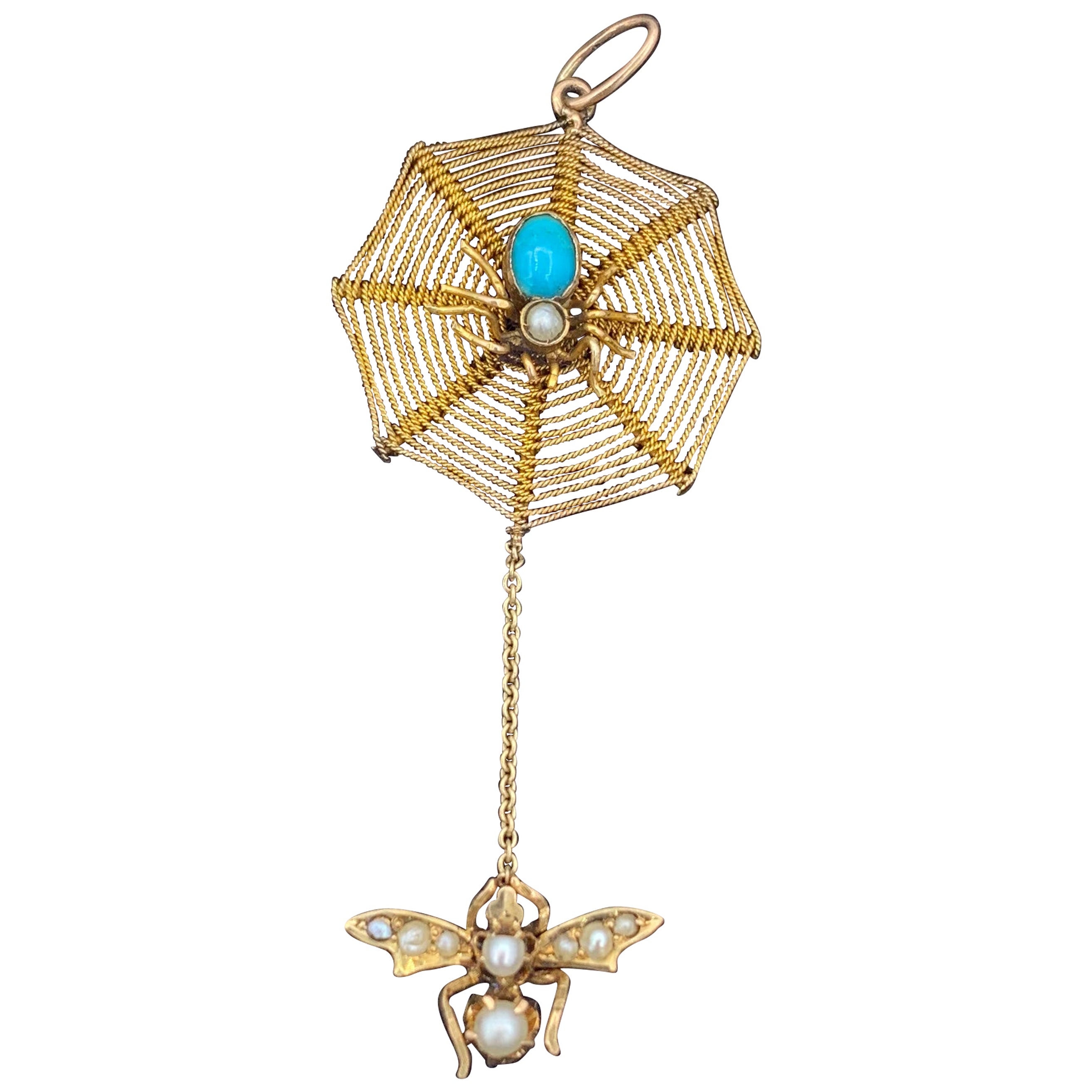 Persian Turquoise Spider and Fly Insect Bug Pendant Necklace Antique Victorian