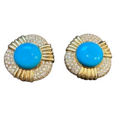 16 Ct Oval Sleeping Beauty Turquoise 3 ct Diamond Stud Earrings 14 K Yellow Gold