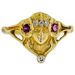 Lovely Petite Art Nouveau Ruby Diamond 14K Yellow Gold Ring of a Beauty