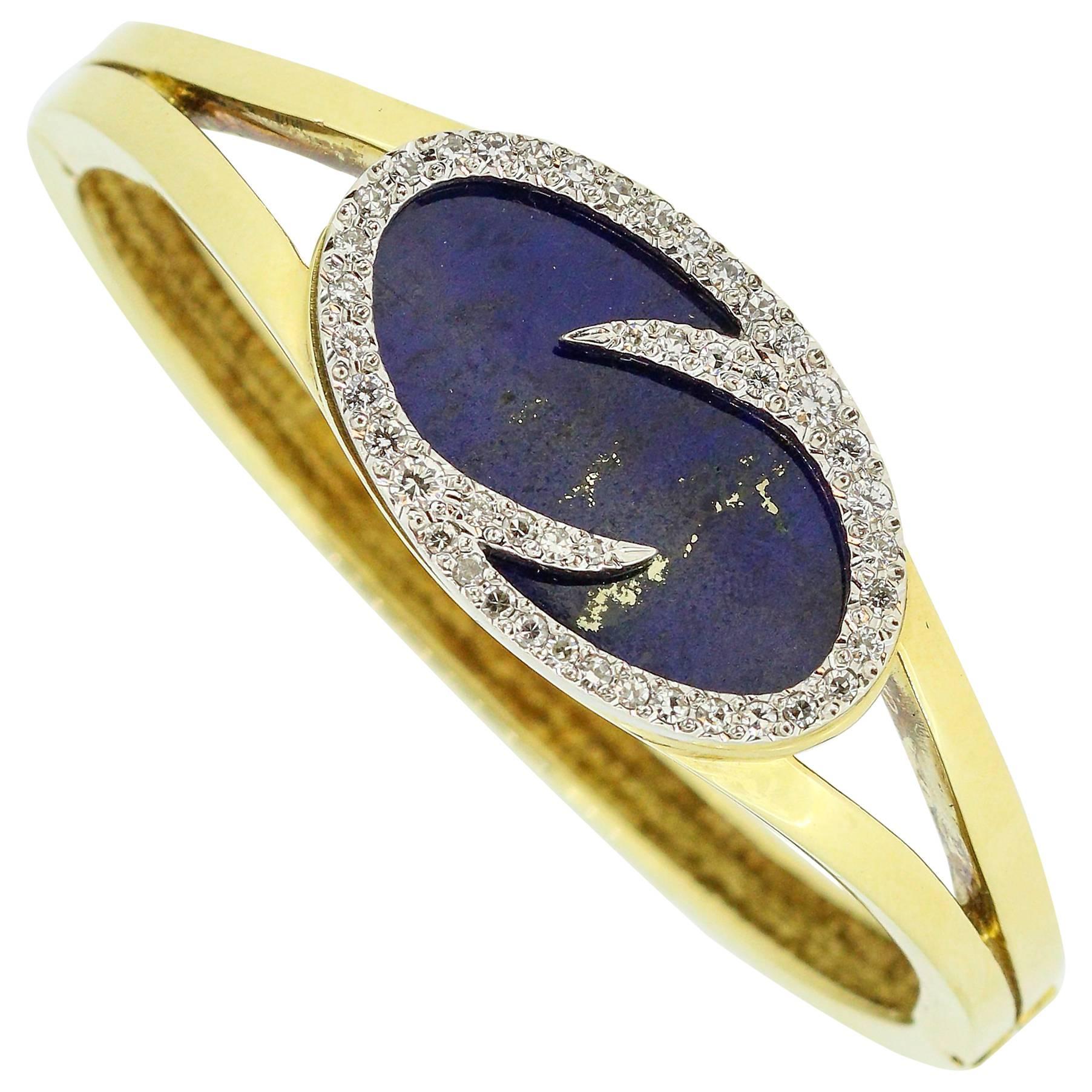 1970s Modernist Lapis Lazuli  Diamond Gold Bangle Bracelet