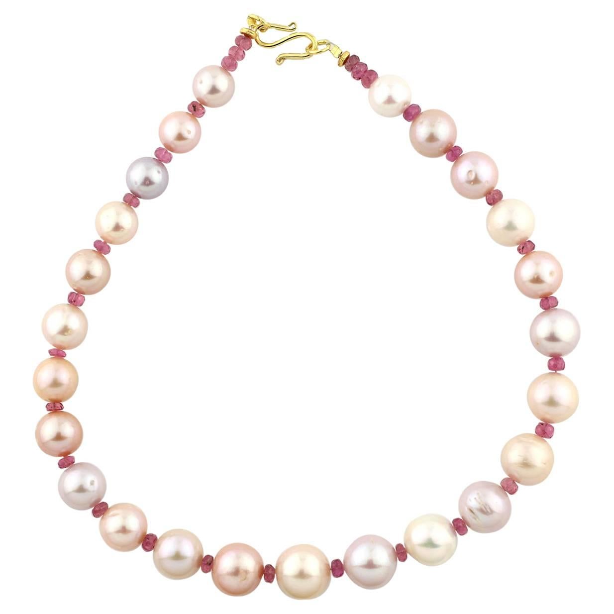 Gemjunky Impressive 18" Peach Pearls & Pink Tourmaline Gemstones Necklace