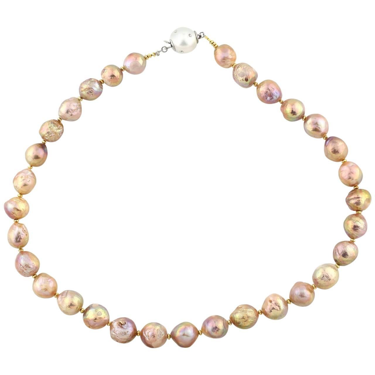 AJD Exquisite Magnificent Classic Hand Knotted PinkyGoldy Wrinkle Pearl Necklace For Sale