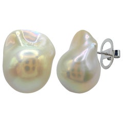 Extra Large 21mm Iridescent White Baroque Pearl Stud Earrings In 18K White Gold