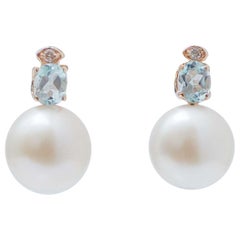 Aquamarine Colour Topazs, Diamonds, Pearls, 14 Karat Rose Gold Earrings.
