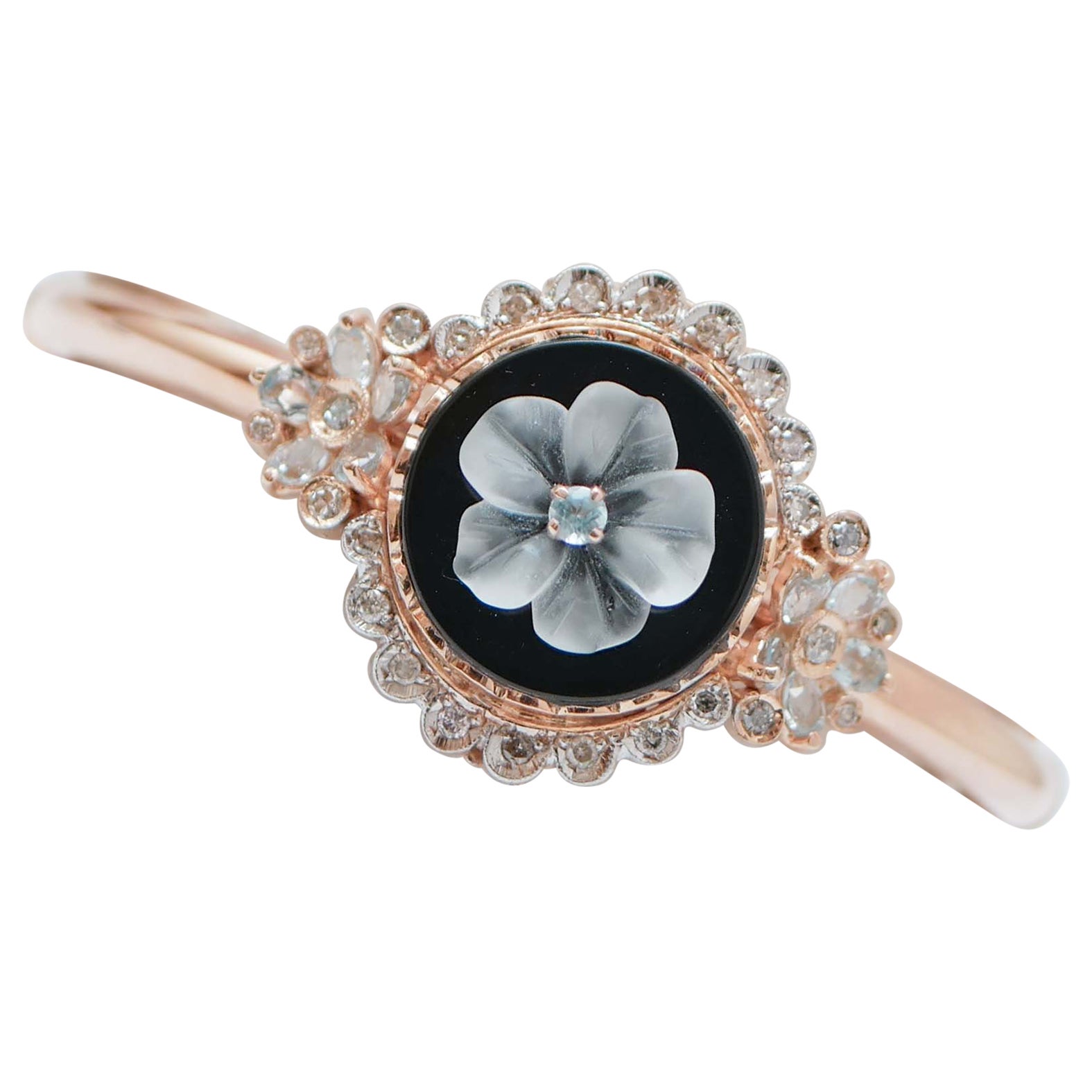Onyx, Rock Crystal, Aquamarine, Diamonds, Rose Gold and Silver Retrò Bracelet.