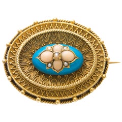 Antique Victorian Turquoise Enamel with Coral and Pearl Gold Brooch