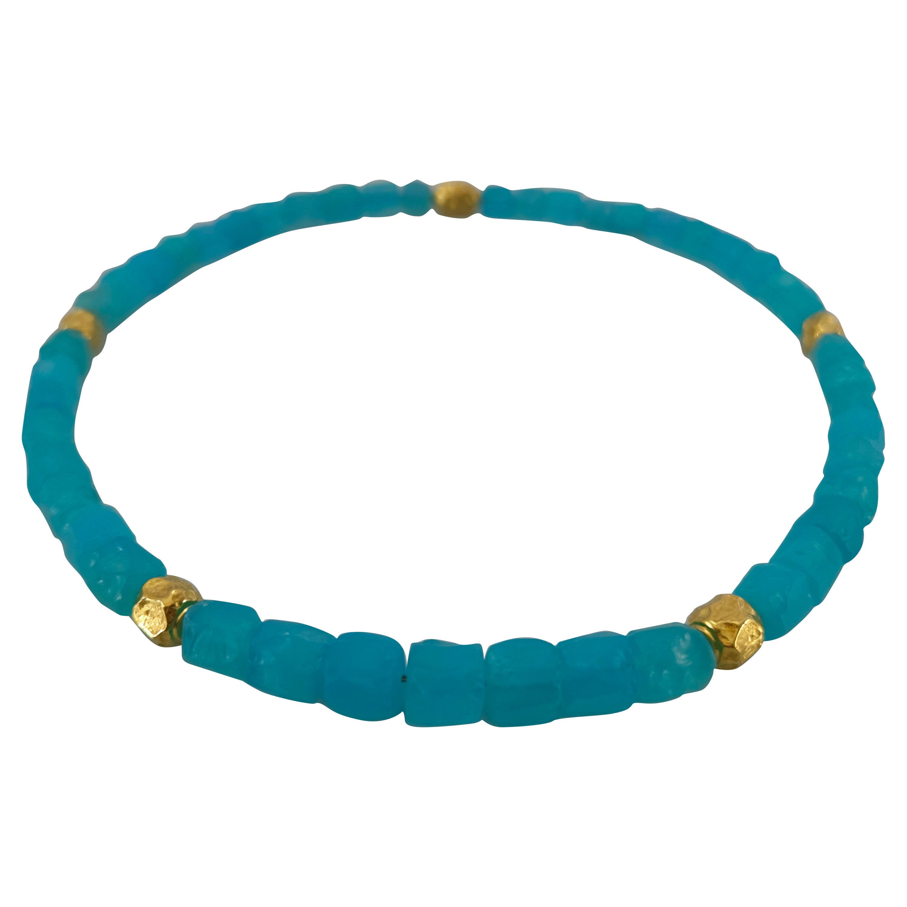 PARAIBA Color Chalcedony Nugget Beaded Necklace with 18 Carat Yellow Gold