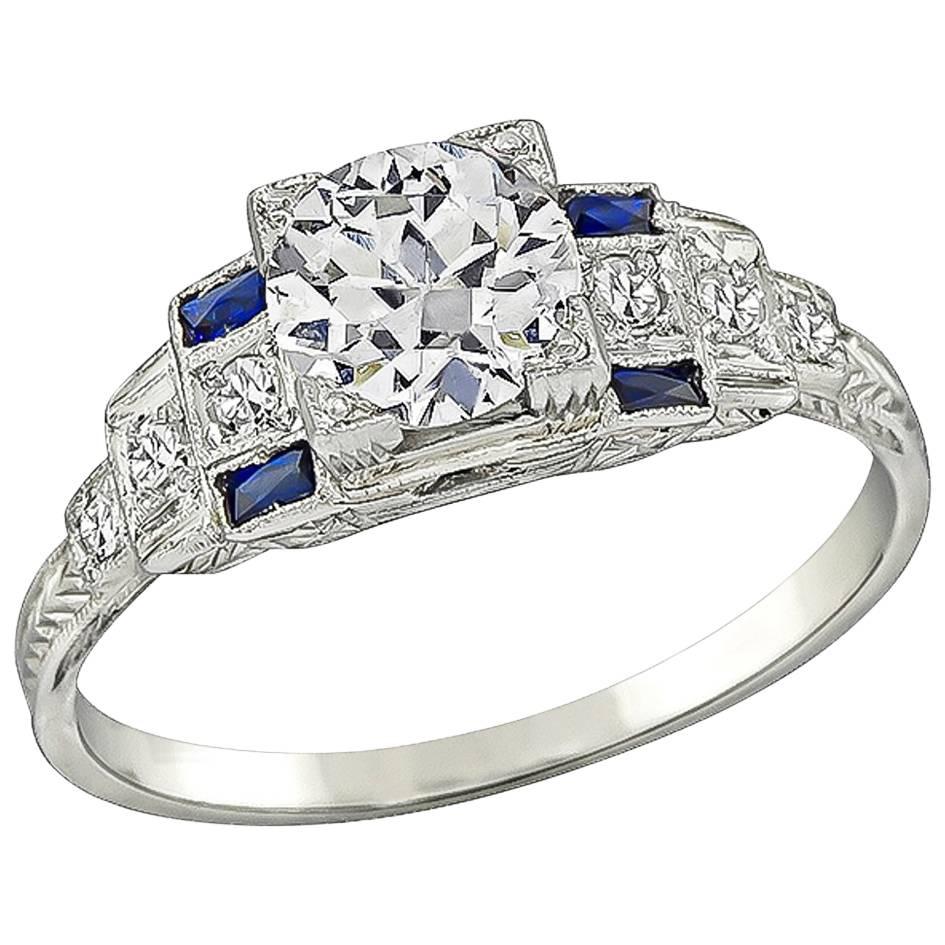 Art Deco Sapphire GIA Certified Diamond Gold Engagement Ring