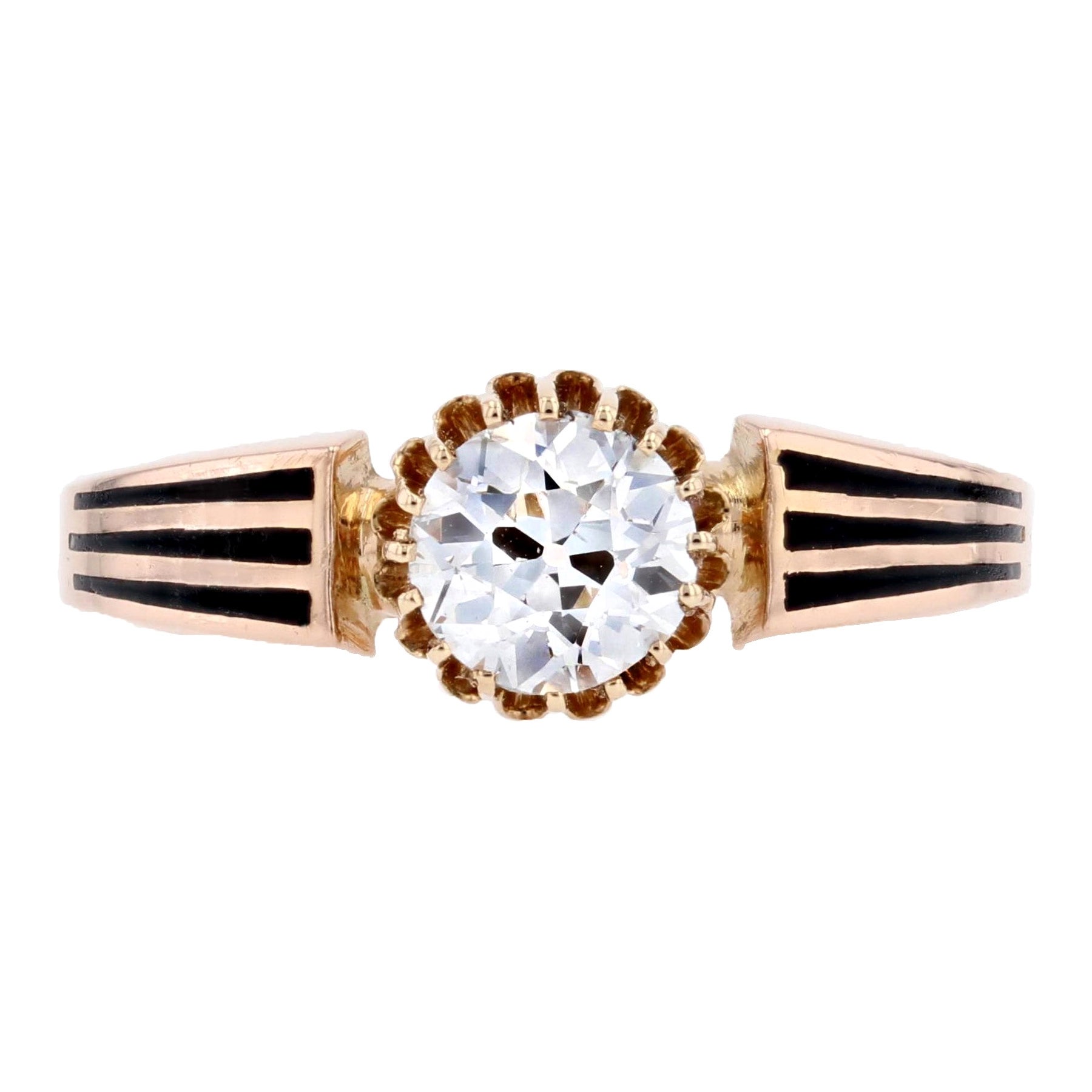 19th Century Diamond Black Enamel 18 Karat Rose Gold Solitaire Ring For Sale
