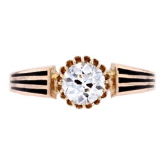 19th Century Diamond Black Enamel 18 Karat Rose Gold Solitaire Ring