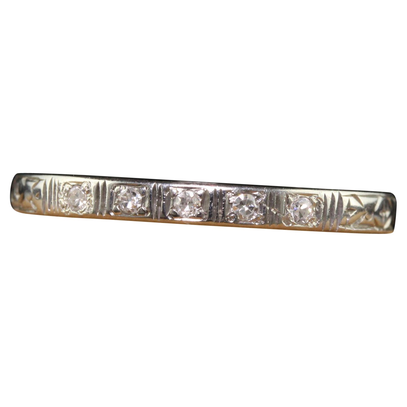 Antique Art Deco 18K White Gold Single Cut Diamond Engraved Band - Size 5 1/2 For Sale
