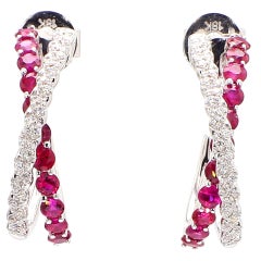 Natural Red Round Ruby and White Diamond 1.38 Carat TW Rose Gold Drop Earrings