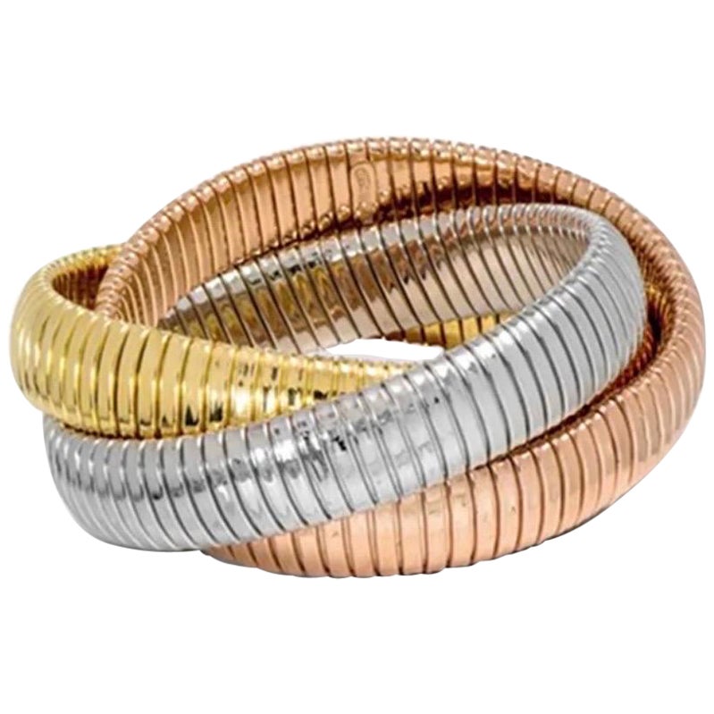 Nachlass „ H Gold“ Tri Color Interwoven Rolling Stretch-Armband 18YG, RG, WG 87Gm im Angebot