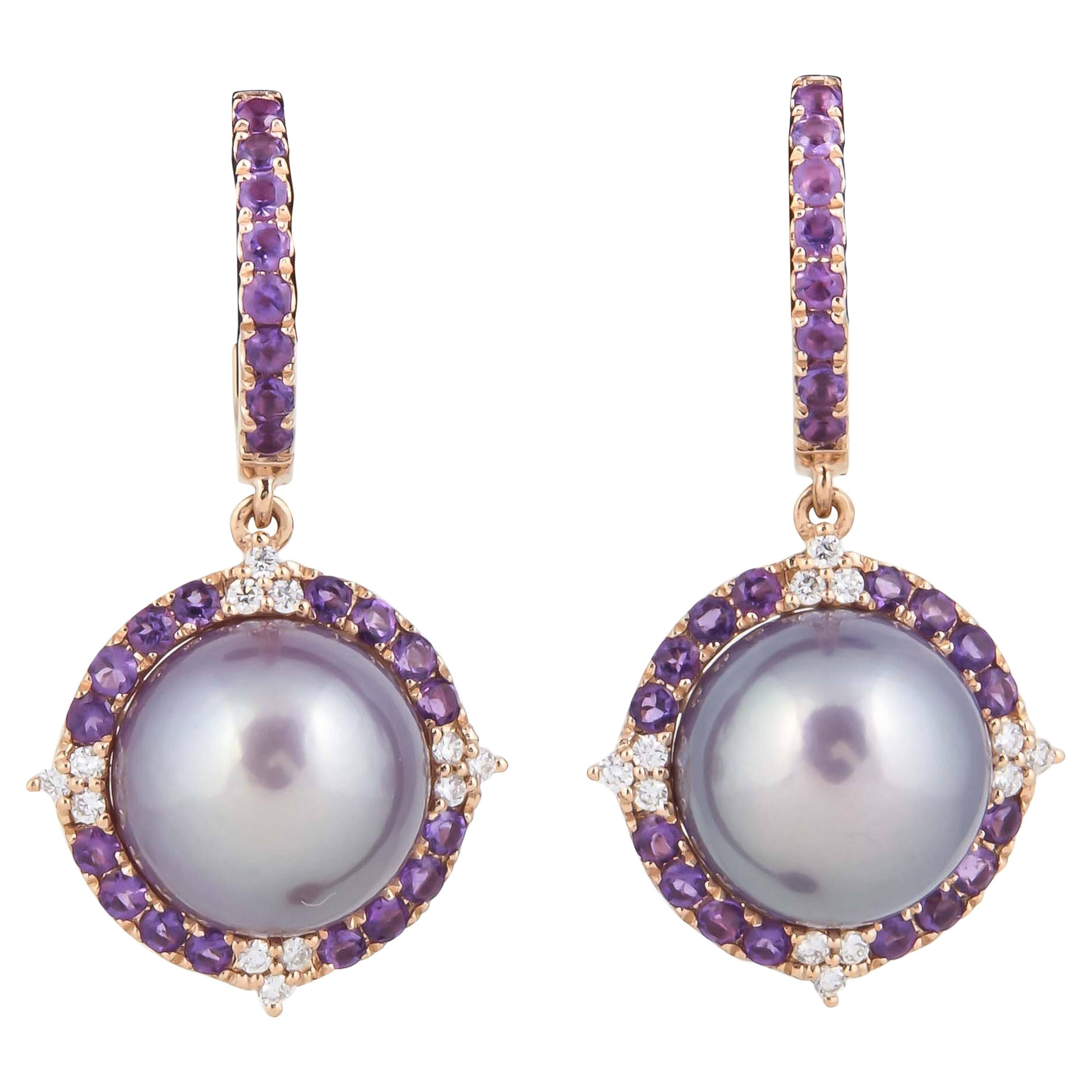 Amethyst and Fresh Water Pearl Dangle Diamond Earrings w/ Rose Gold