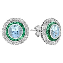 Aquamarine Emerald Diamond Art Deco Style Stud Earrings in 18K White Gold