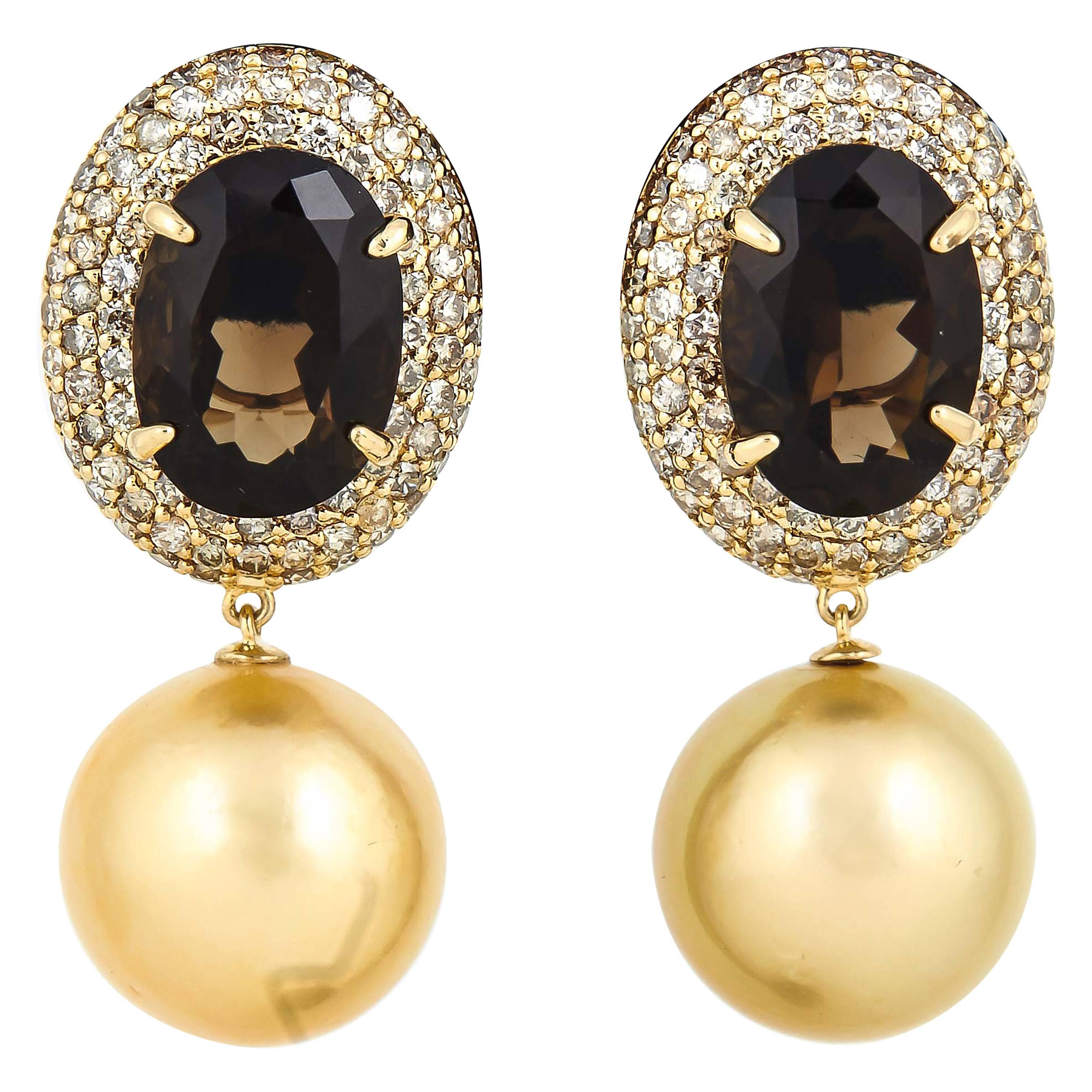 Smoky Quartz Diamonds & Golden South Sea Pearl Dangle Earrings