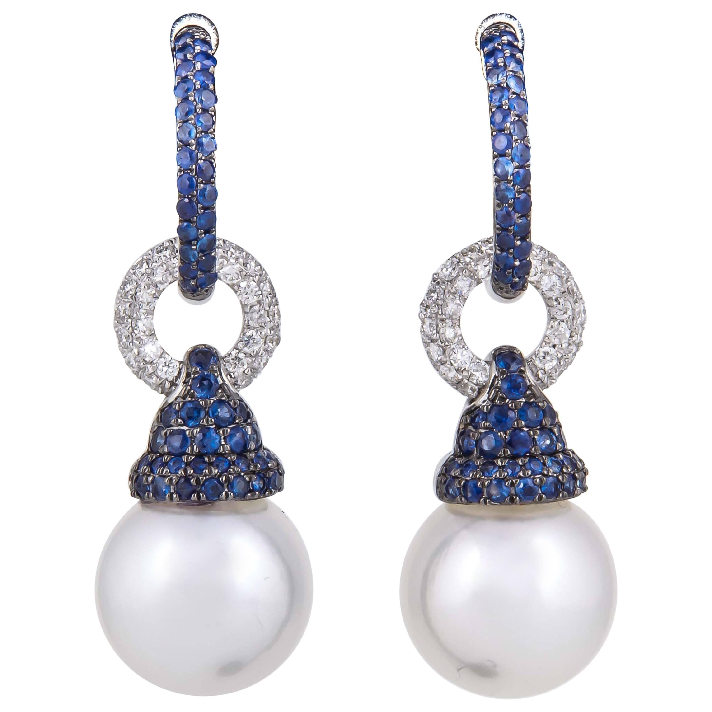 Sapphire and Diamond Bell Hoop South Sea Pearl Earrings For Sale
