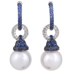 Sapphire and Diamond Bell Hoop South Sea Pearl Earrings