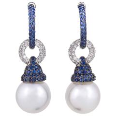 Sapphire and Diamond Bell Hoop South Sea Pearl Earrings 6