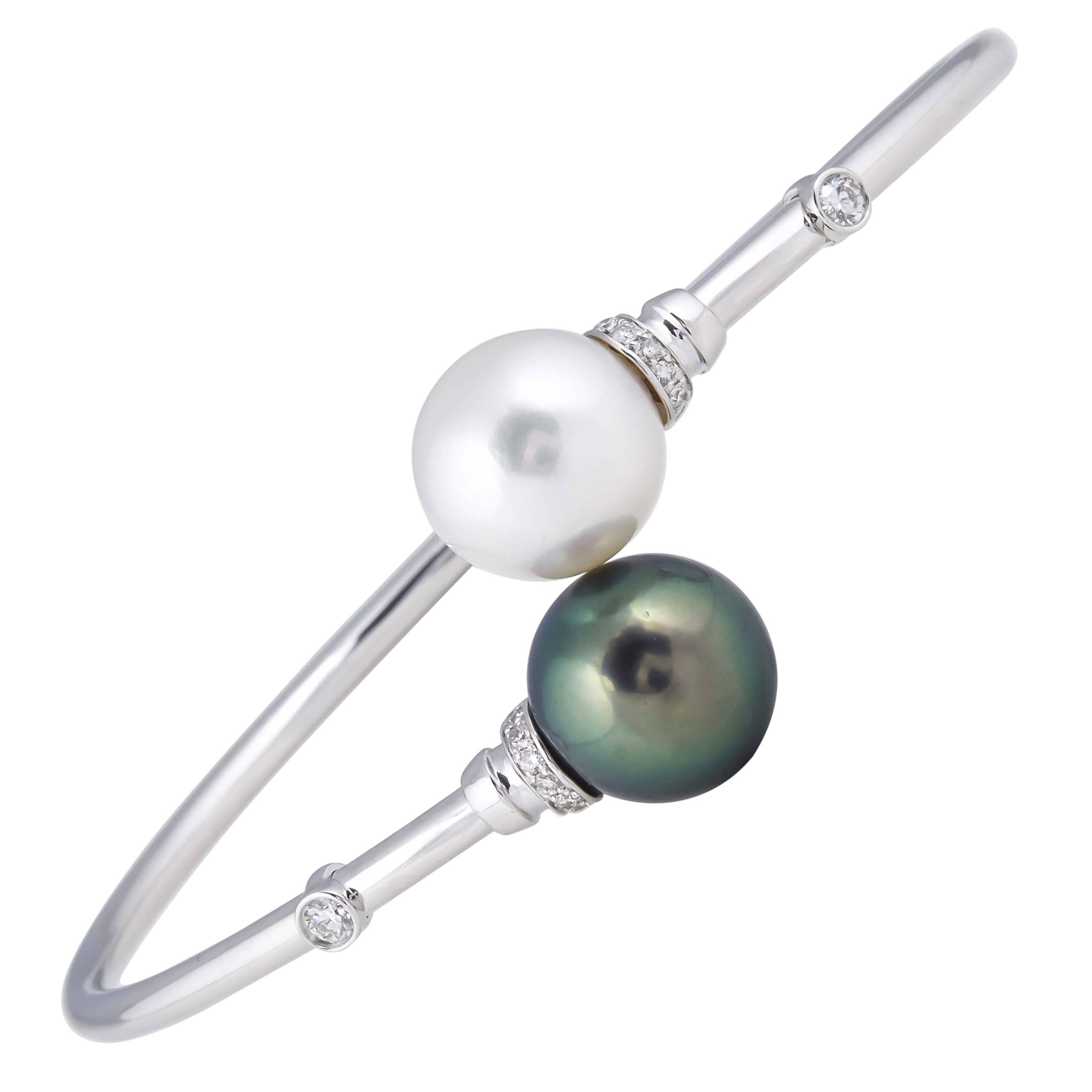 South Sea Tahitian Pearl Diamond Bypass Bangle 18K White Gold  For Sale