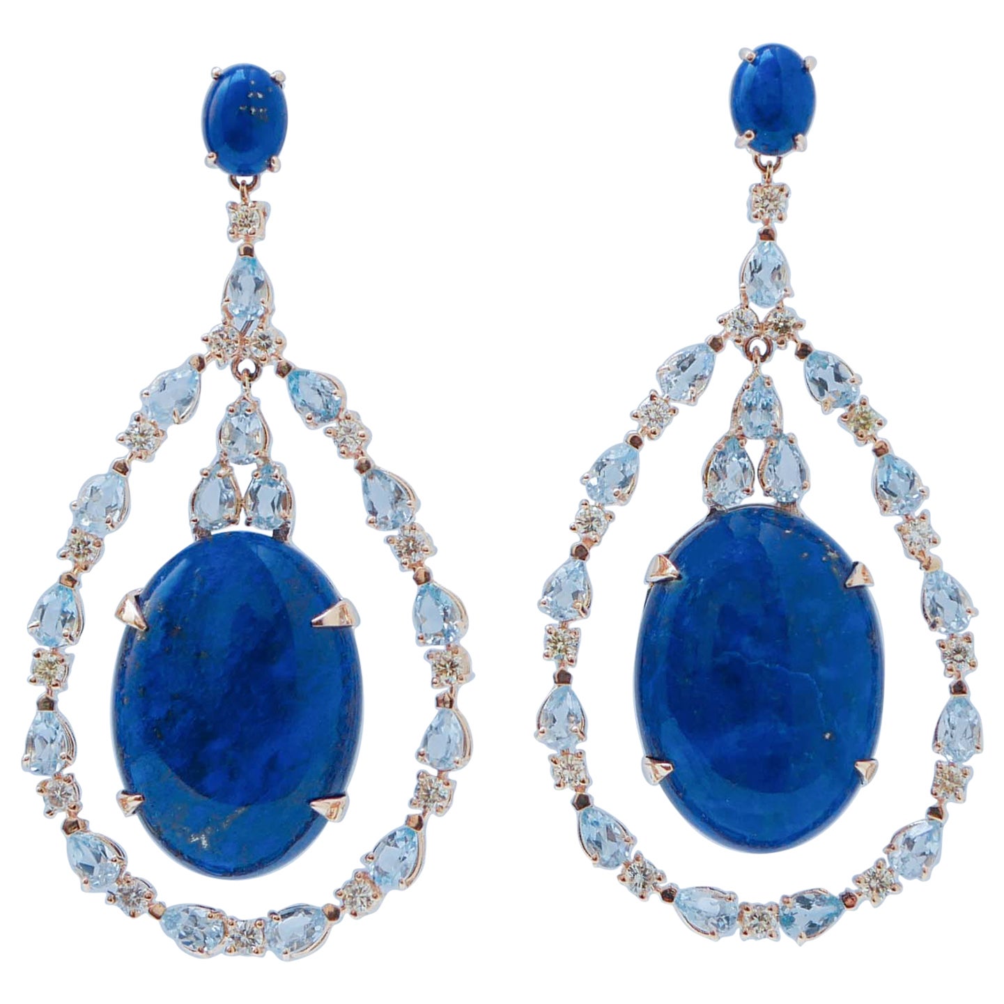 Aquamarine Colour Topazs, Lapis, Diamonds, 14 Kt Rose Gold Earrings.