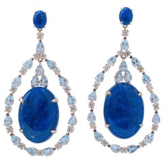 Aquamarine Colour Topazs, Lapis, Diamonds, 14 Kt Rose Gold Earrings.