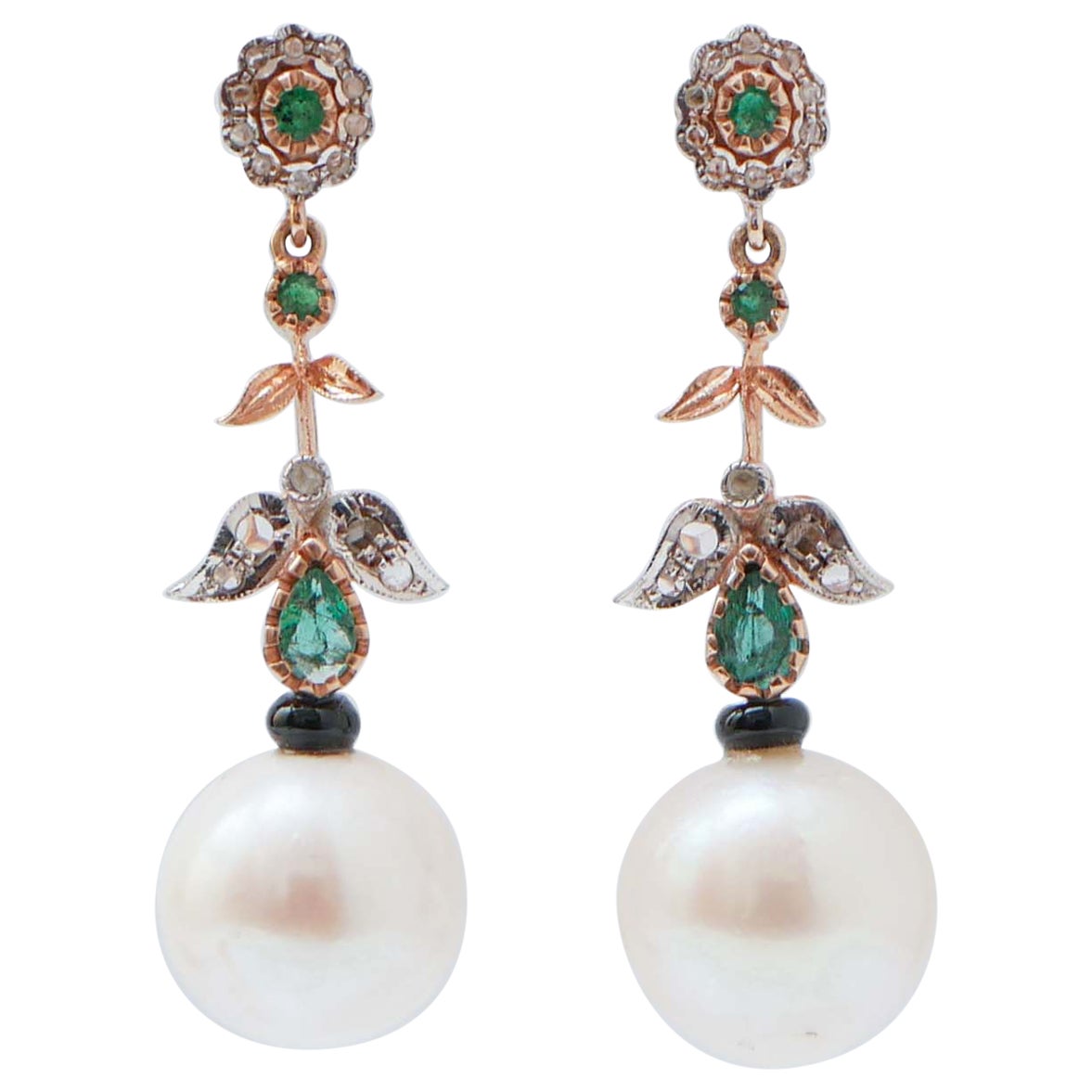 White Pearls, Emeralds, Diamonds, Onyx, Rose Gold and Silver Dangle Earrings.