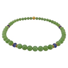 Nephrite Jade Round Beaded Necklace with 18 Carat Yellow Gold and Tanzanite