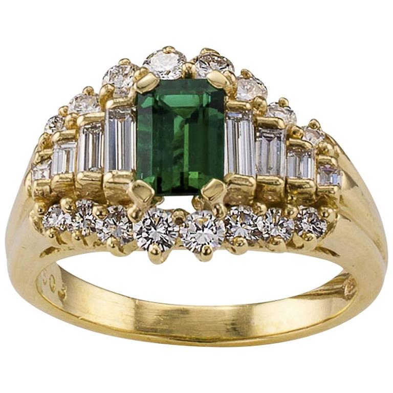 Emerald-cut Emerald Diamond Yellow Gold Ring For Sale at 1stdibs