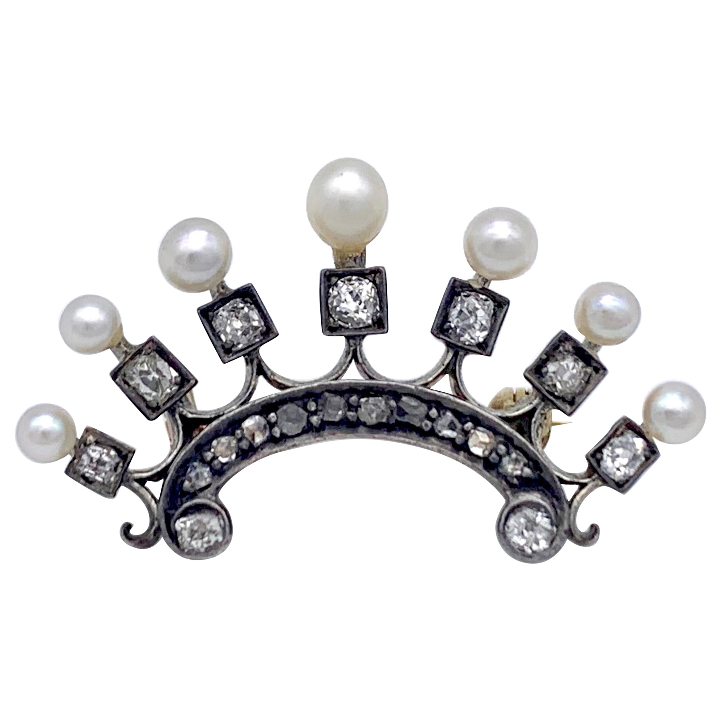Antique Crown Brooch Diamonds Pearls Silver Gold For Sale