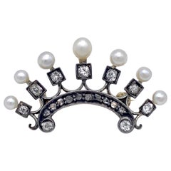 Antiguo Broche Corona Diamantes Perlas Plata Oro