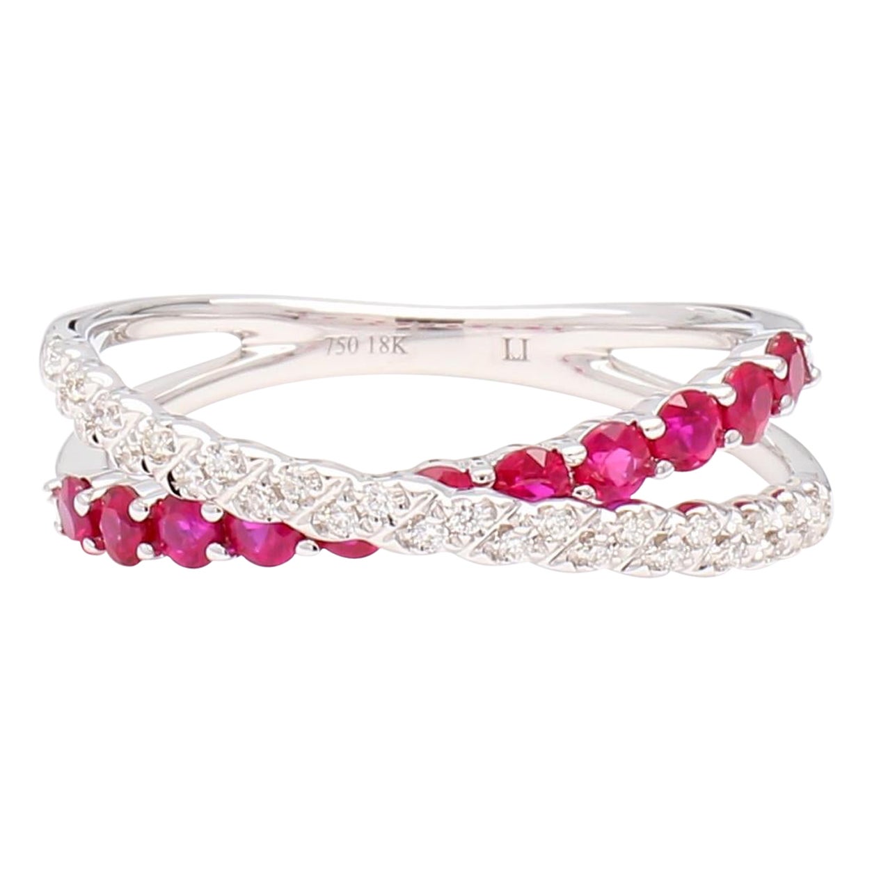 Natural Red Round Ruby and White Diamond .62 Carat TW Gold Wedding Band