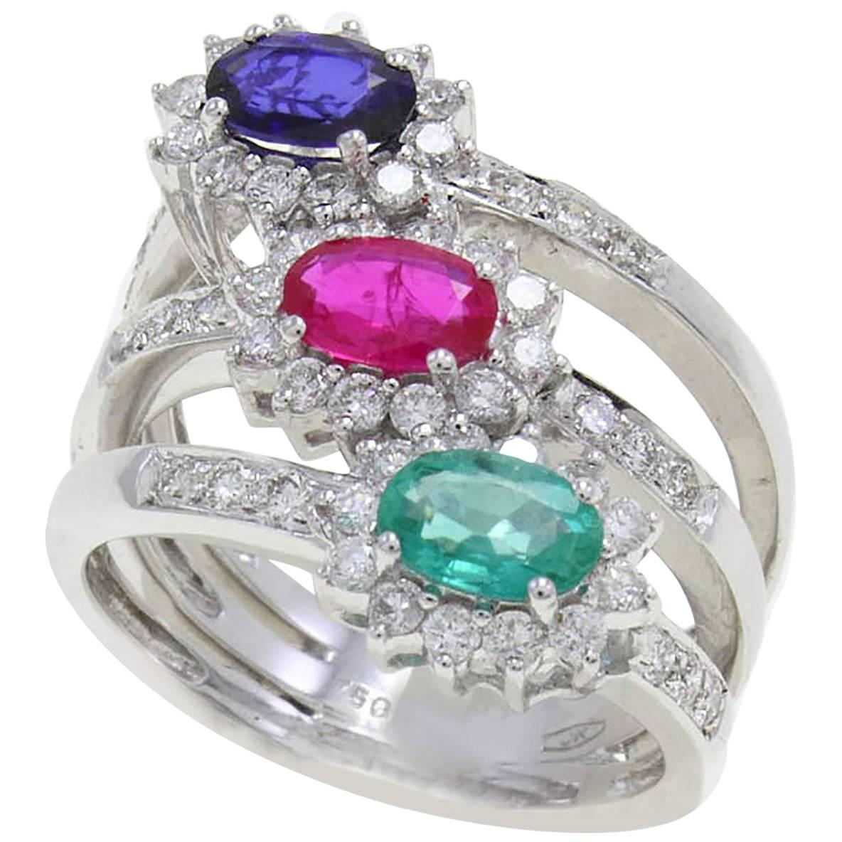 Emerald Sapphire Ruby and Diamonds Gold Ring