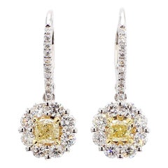 Natural Yellow Cushion Diamond 1.45 Carat TW Gold Drop Earrings
