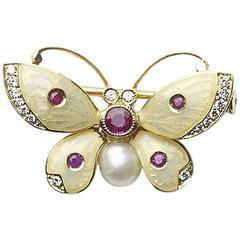 Enamel Pearl Ruby Diamond Gold Butterfly Brooch