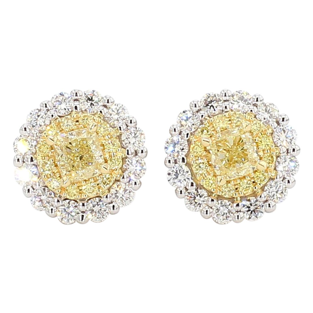 Natural Yellow Cushion Diamond 1.18 Carat TW Gold Stud Earrings