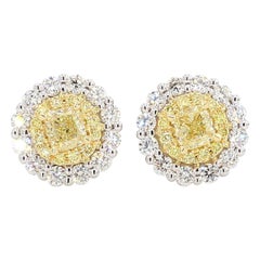 Natural Yellow Cushion Diamond 1.18 Carat TW Gold Stud Earrings