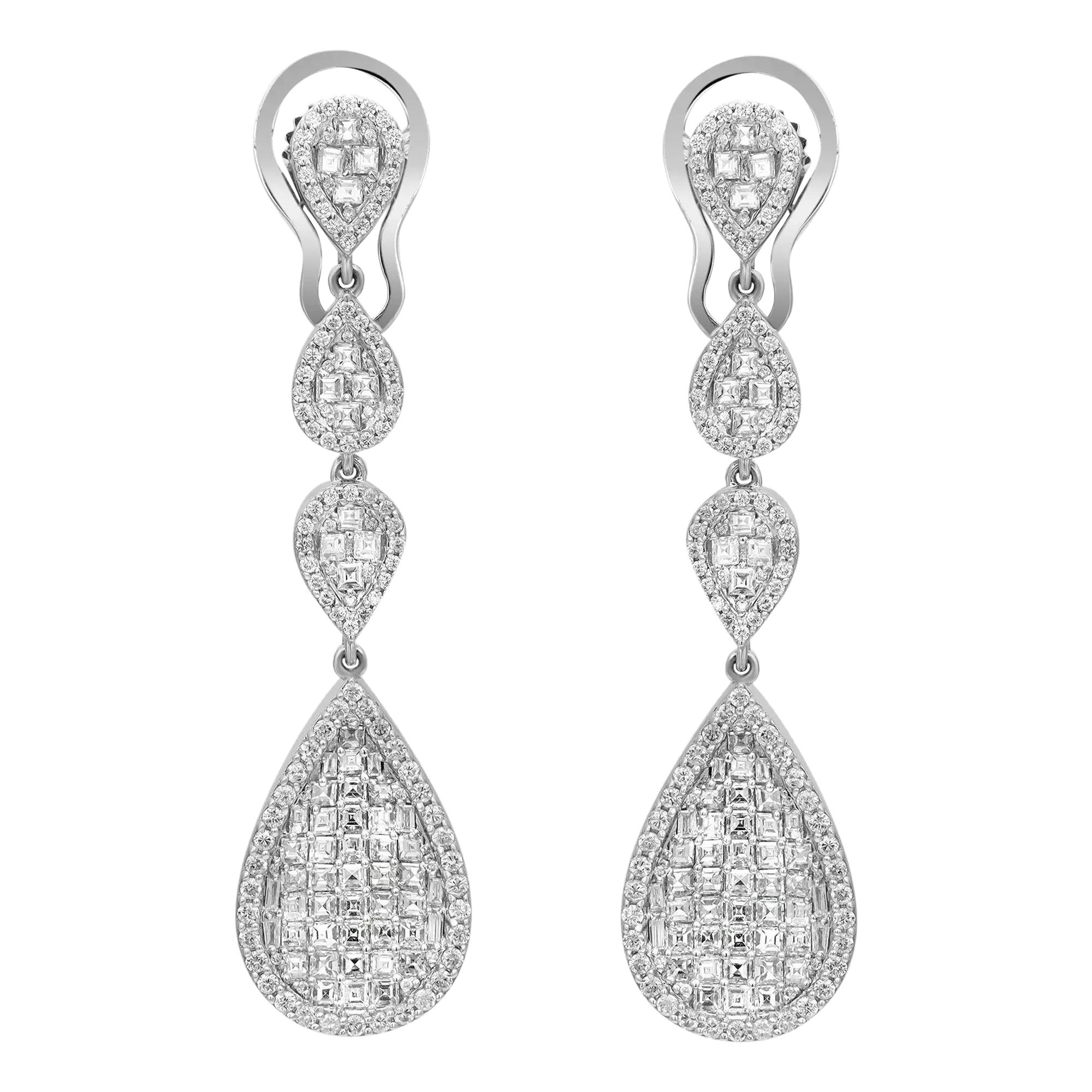 Princess And Round Cut Diamond Long Drop Earrings 14K White Gold 3.19Cttw