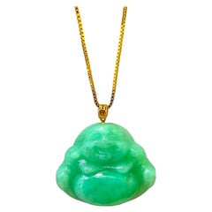 Prosperous Laughing Buddha Burmese A-Jadeite Pendant (with 18K Yellow Gold)