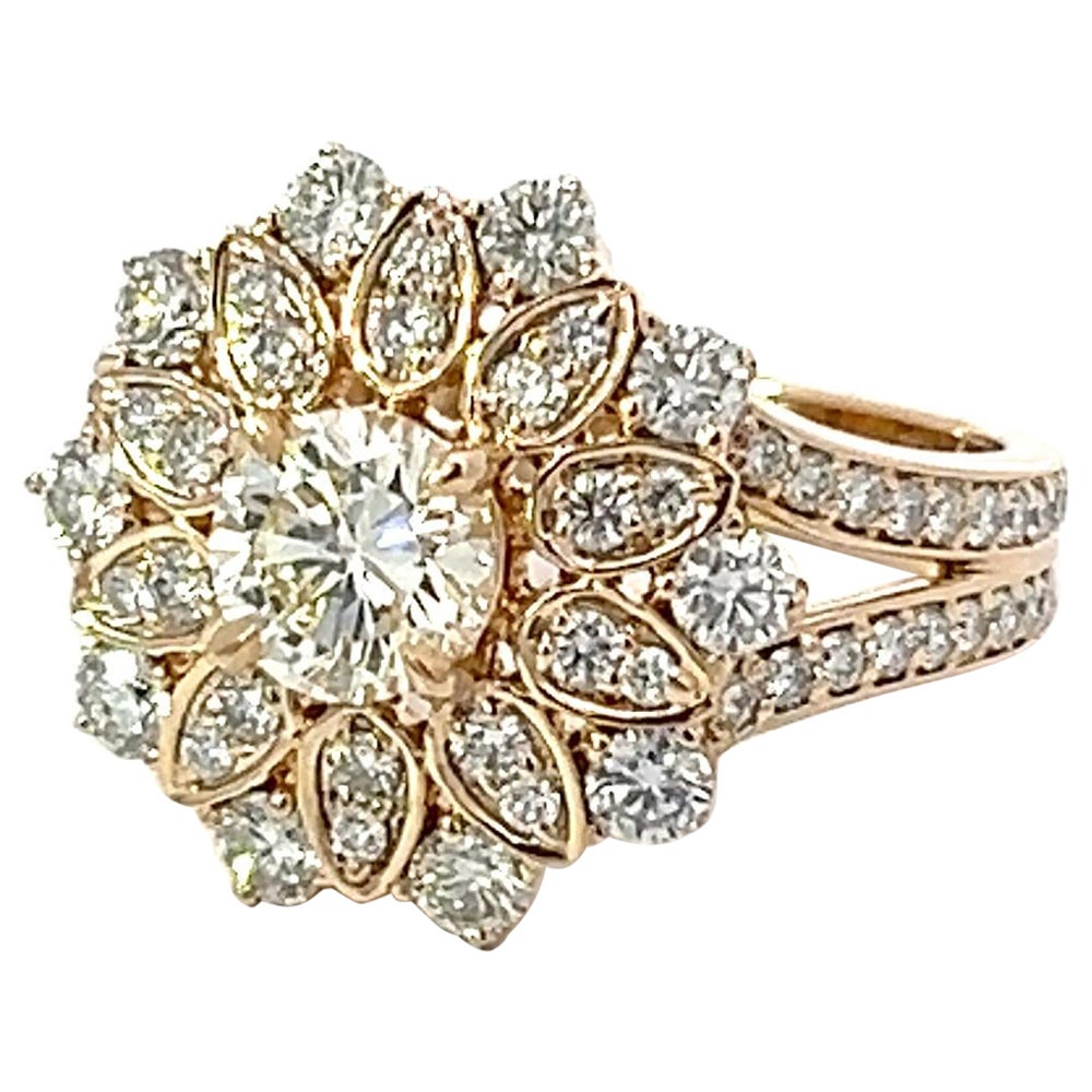 2.50 Carat Diamond Cluster GIA 18 Karat Yellow Gold Bespoke Dress Flower Ring For Sale