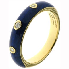Anillo Victor Mayer Oro Amarillo 18k Esmalte vítreo Azul 3 Diamantes 0,07 ct