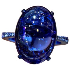 Certified 13.31 Carat Tanzanite Cabochon and Diamond 18K Gold Cocktail Ring