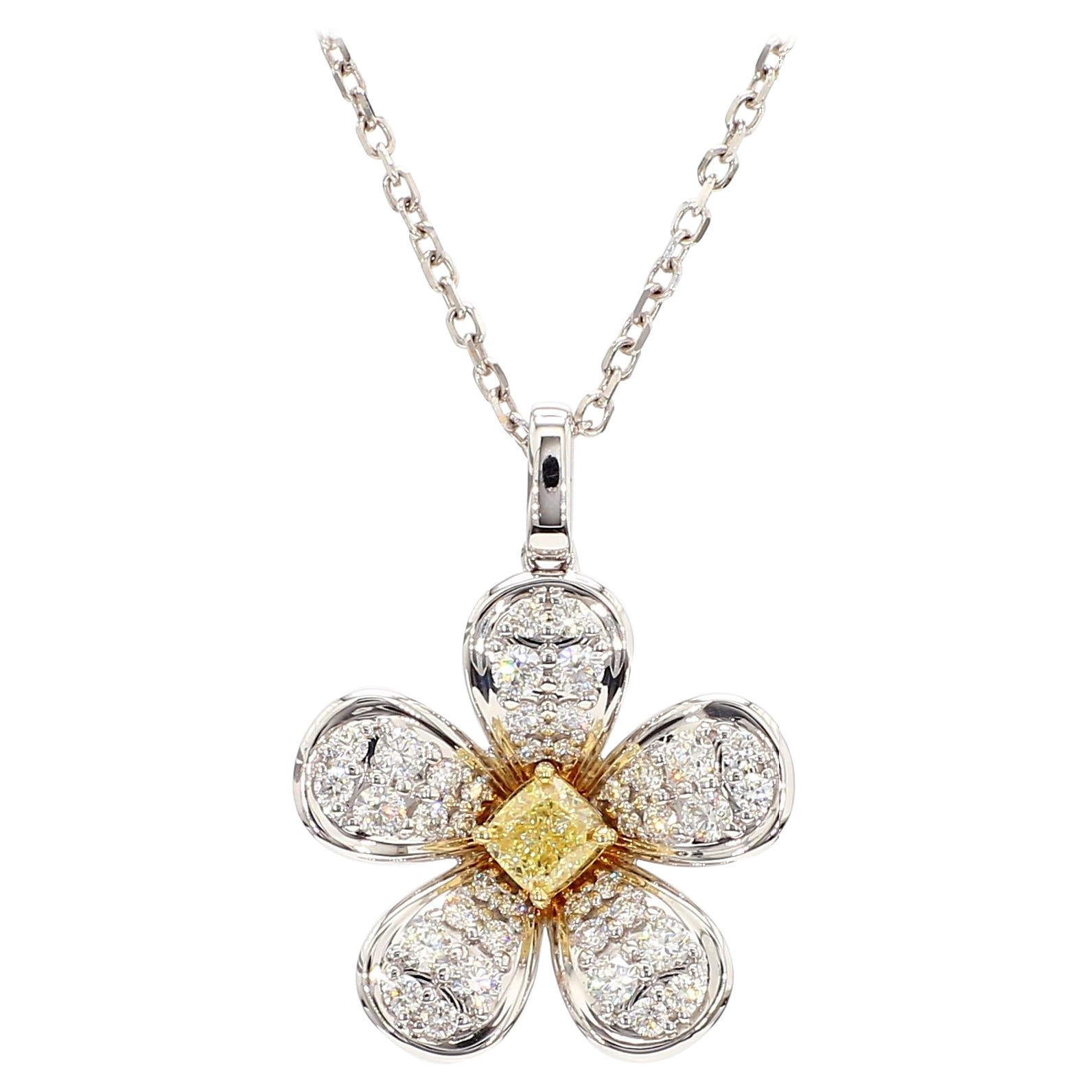 Natural Yellow Cushion Diamond 1.02 Carat TW Gold Flower Pendant