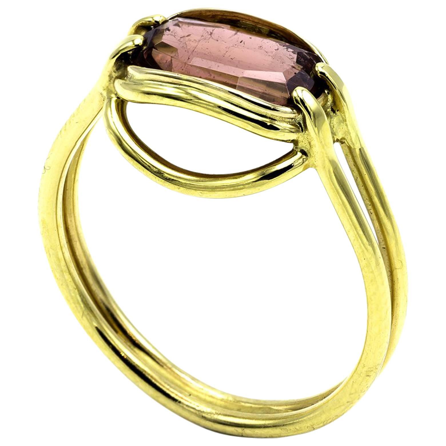 Square Pink Cushion Tourmaline Double Band Ring in Gold