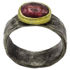 Pink Tourmaline Ring in Hammered Oxidized Sterling Silver and Gold Bezel Ring